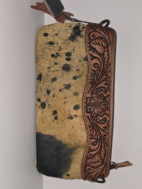 American Darling Brown and Black Cowhide Wristlet with Tooled Leather Accent